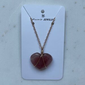 Handmade Gold Wire Wrapped Strawberry Quartz Heart Pendant Necklace